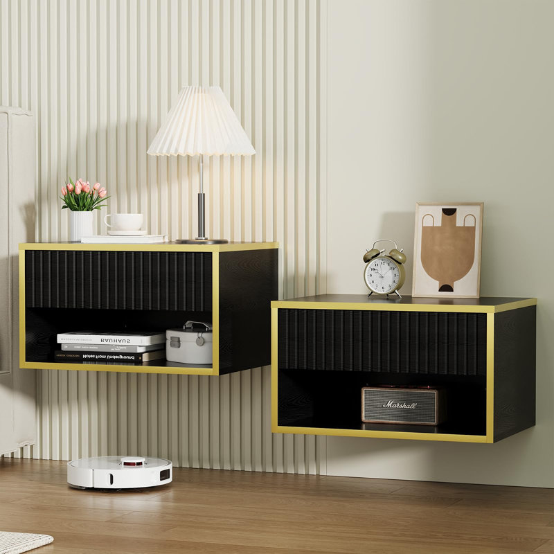Ensemble de chambre à coucher 3 pièces Smart Bed en cuir avec 2 tables de chevet flottantes à DEL, Noir, Lit simple