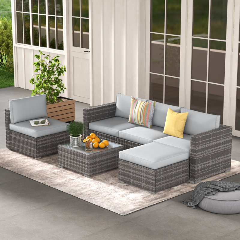 Eudy Wicker 4 - Person Modular Patio Conversation Set with Cushions, Gray/Gray