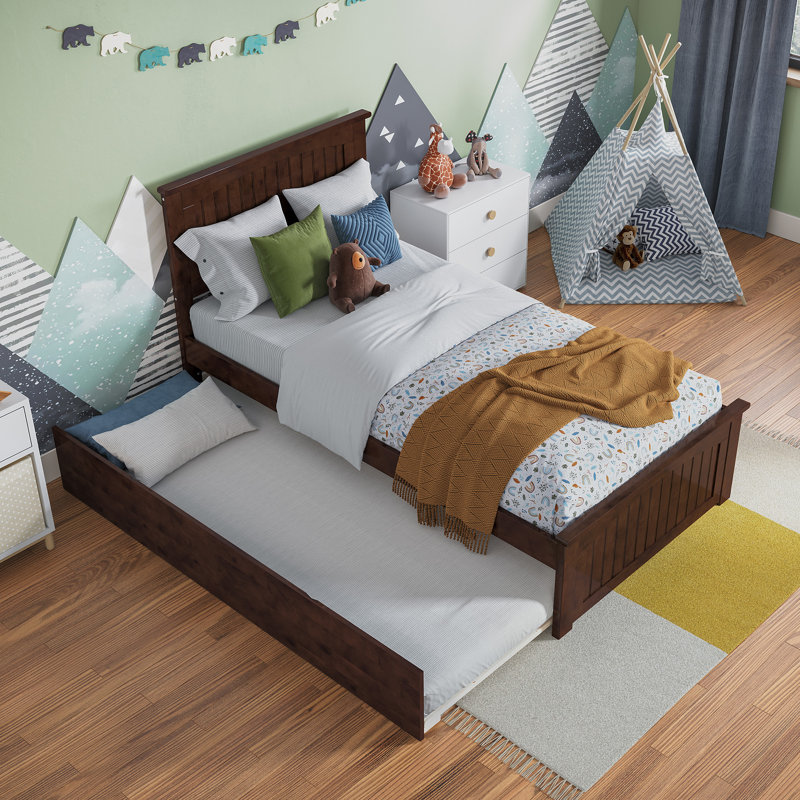  Nantucket Solid Wood Platform Bed with Matching Footboard & Trundle, Twin, Walnut