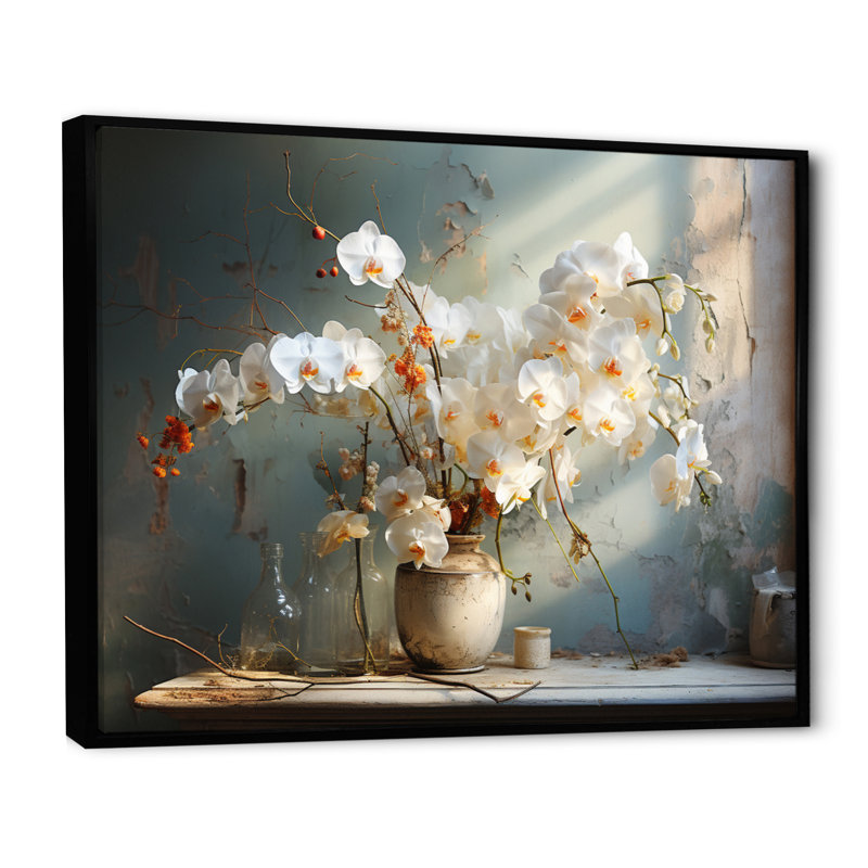 «Beige Minimalims Orchids Still Life» sur toile, Cadre flottant noir, H 24 po x l 32 po x P 1 po