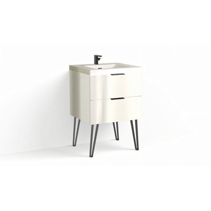 Avila 24" W Freestanding Single Bathroom Vanity with Dawson Leg, Gloss White/Single, White Acrylic, Matte Black