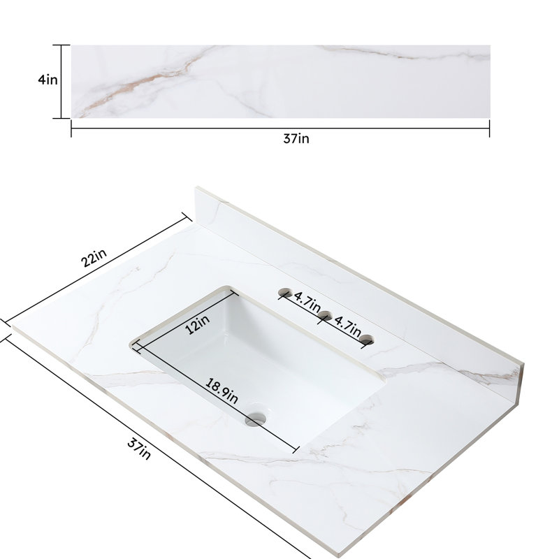 Comptoir de meuble-lavabo en pierre frittée 37 po, lavabo rectangulaire encastré en céramique, 3 trous de robinet, avec dosseret inclus