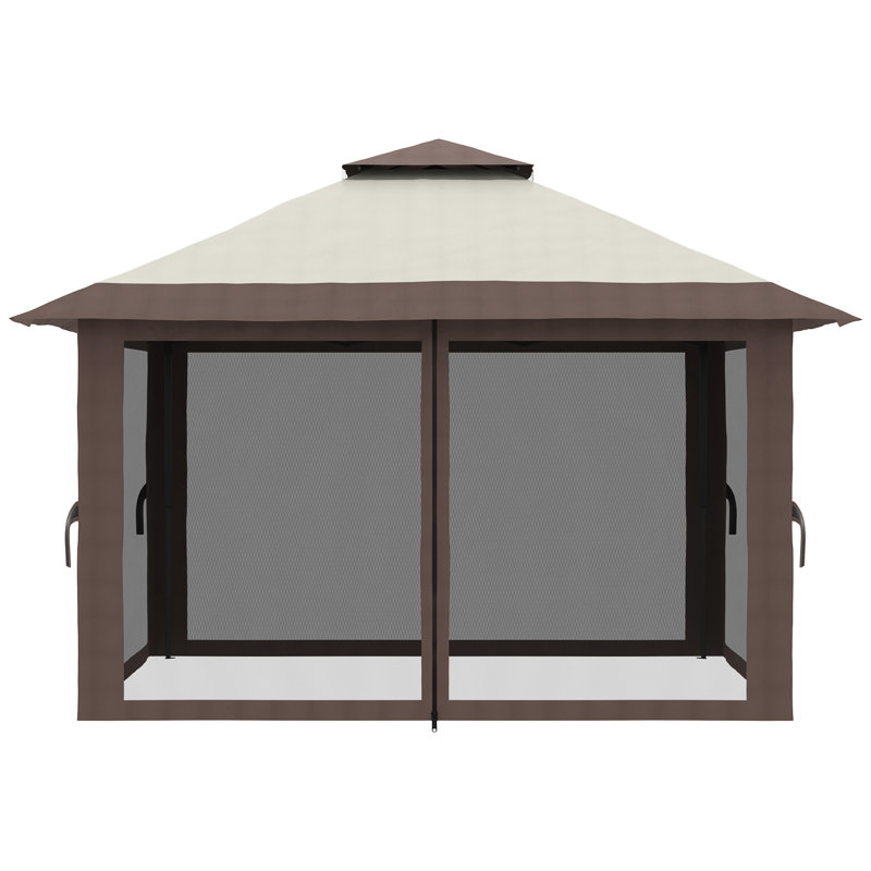 13' X Pop Up Gazebo, Instant Canopy Tent With 2 Roof. Uv50+ Guard, Beige For Outdoor Activities. With Wheeled Carry Bag And Water/sand Bags Roof, Gazebo Netting Swimming