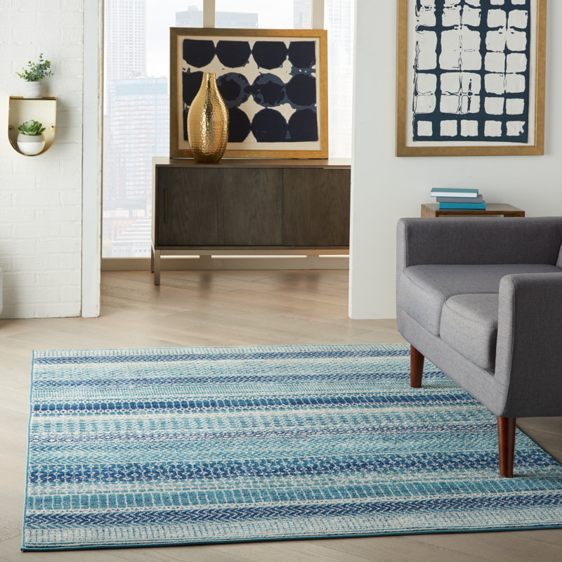 Tapis bleu marine à rayures Gillsville, Rectangle 3 pi 9 po x 5 pi 9 po
