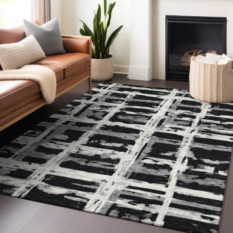 Premium Machine Washable Prisco Black Rug, Rectangle 9' x 12'