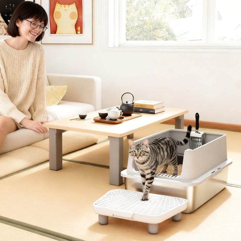 Litière hygiénique et spacieuse en acier inoxydable pour chat, pédale de filtre pour minimiser les dégâts, livrée avec de l'acier gris TG