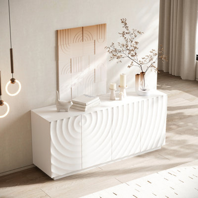 59" Wide White Sideboard, Modern Accent, 4 - Door Storage, Pine Wood, 3D Wave Pattern, Dumping For Dining Room Buffet, White, Doors, Wave, Convertible