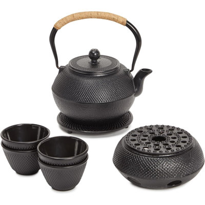 Japanese Cast Iron Tea Kettle Set For Stovetop With Warmer, Infuser And Teacups - Hobnail Design, Durable And Even Heat Distribution