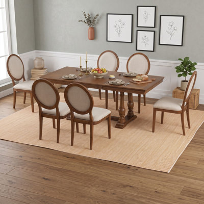 7Pcs Extendable Dining Table Set with Removable Leaf, Rectangular Table and Six Oval-Back Upholstered Chairs