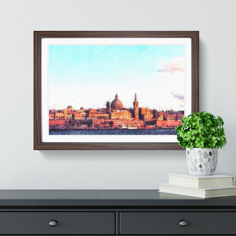 View of Valletta in Malta - Picture Frame Painting Print on MDF, 45cm H x 63cm W x 2cm D, Walnut Framed
