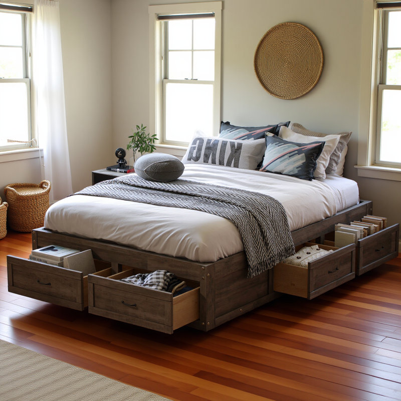 Lit plateforme double avec 6 tiroirs de rangement, gris antique