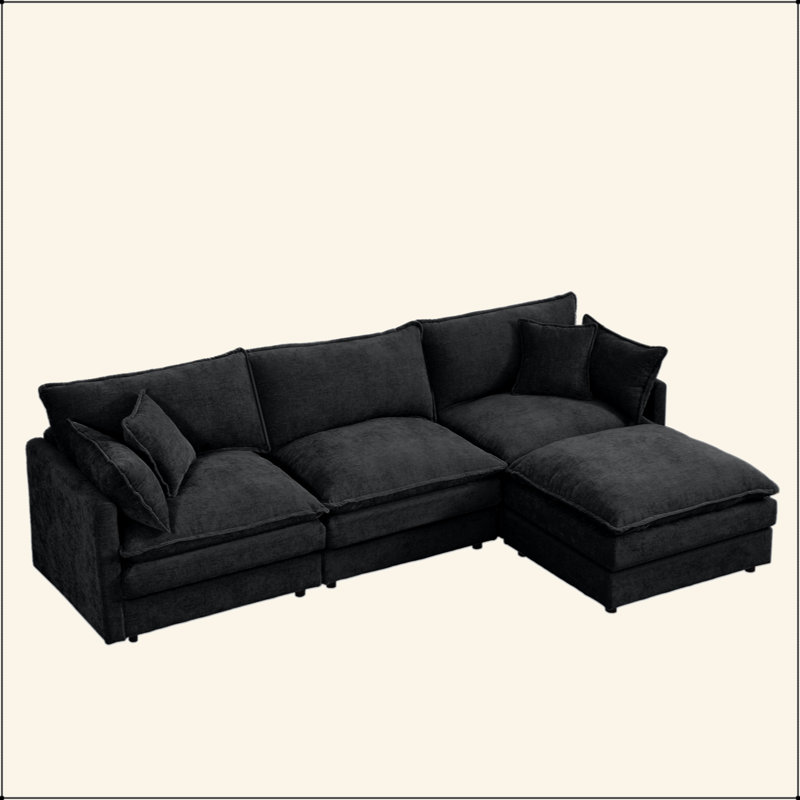 Canapé modulaire en L en forme de L, canapé-lit 3 places avec repose-pieds mobile, combinaison en tissu d'ameublement en chenille pour le salon