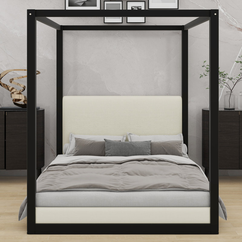Lit à baldaquin contemporain en bois avec tête de lit tapissier, Queen, Black