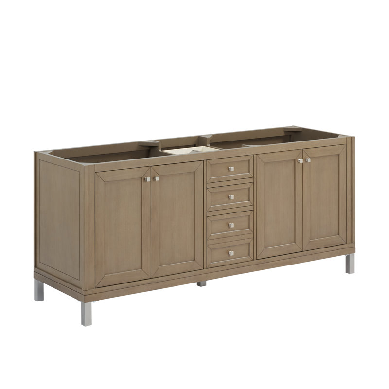 Chicago 72'' W Double Bathroom Vanity Base, Walnut Whisper, Satin Nickel