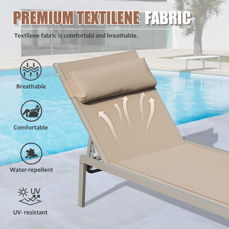 Outdoor Adjustable Backrest Leisure Recliner (Set of 2 Chairs with Table), Khaki