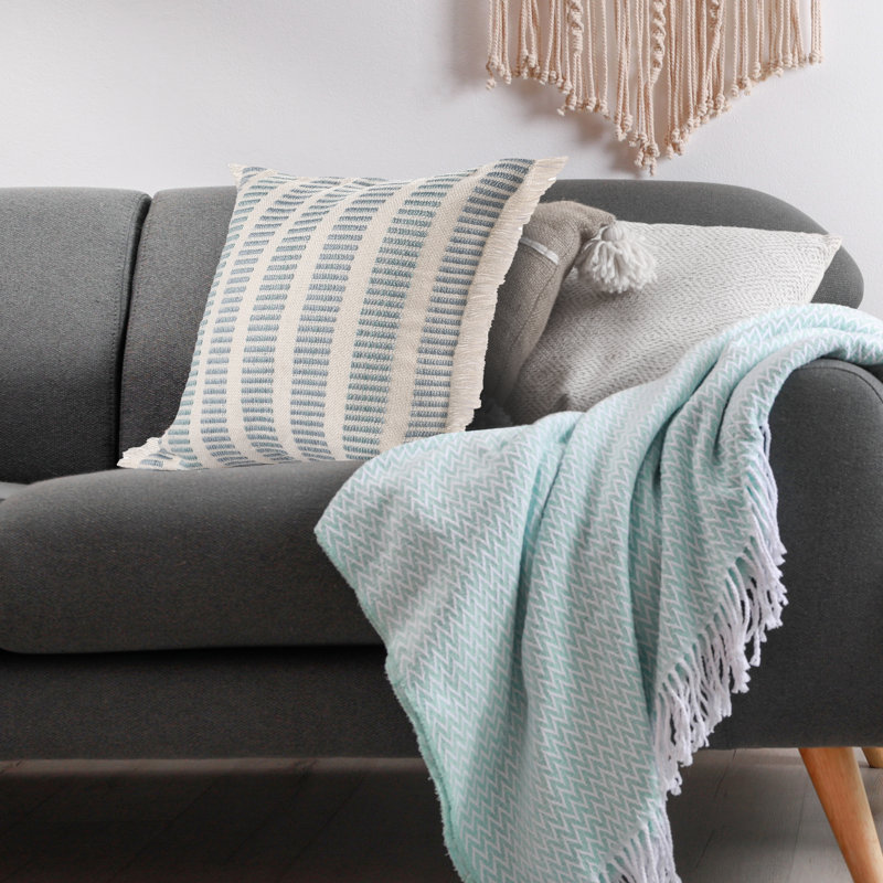 20" Blue And Ivory Striped Throw Pillow, Polyester