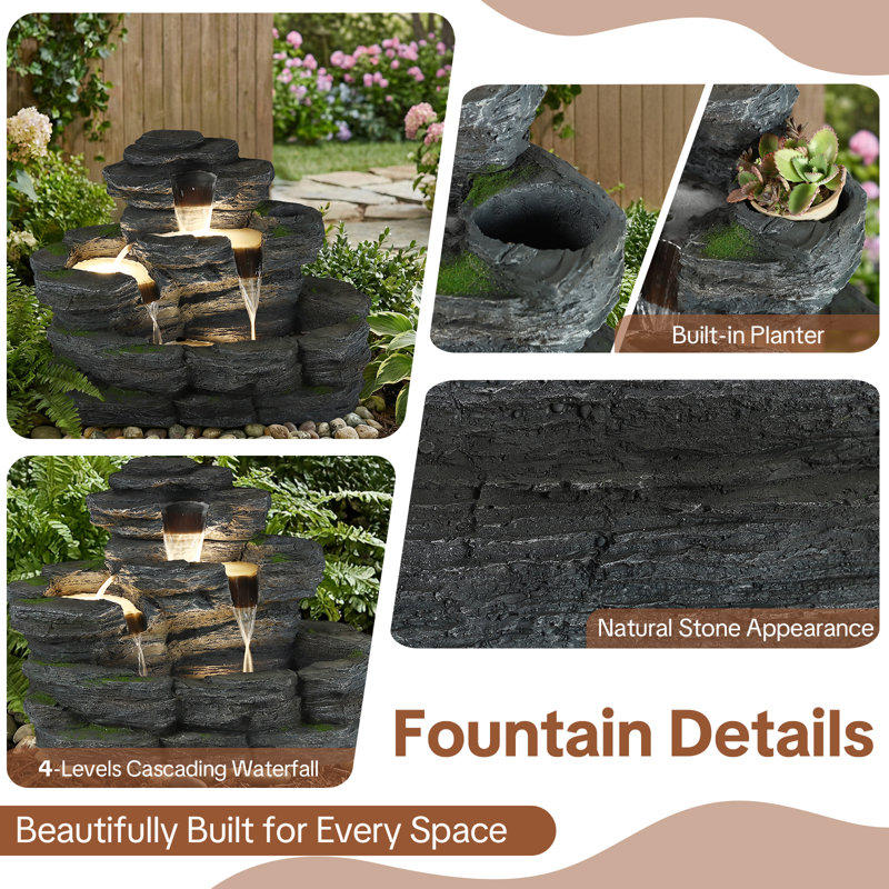  4-tier Outdoor Water Fountain, 29.7" L Rustic Rock Waterfall Fountain With Led Lights, Stone Texture Floor-standing Resin Water Feature With Realistic Moss Accents For Patio, Porch & Indoor
