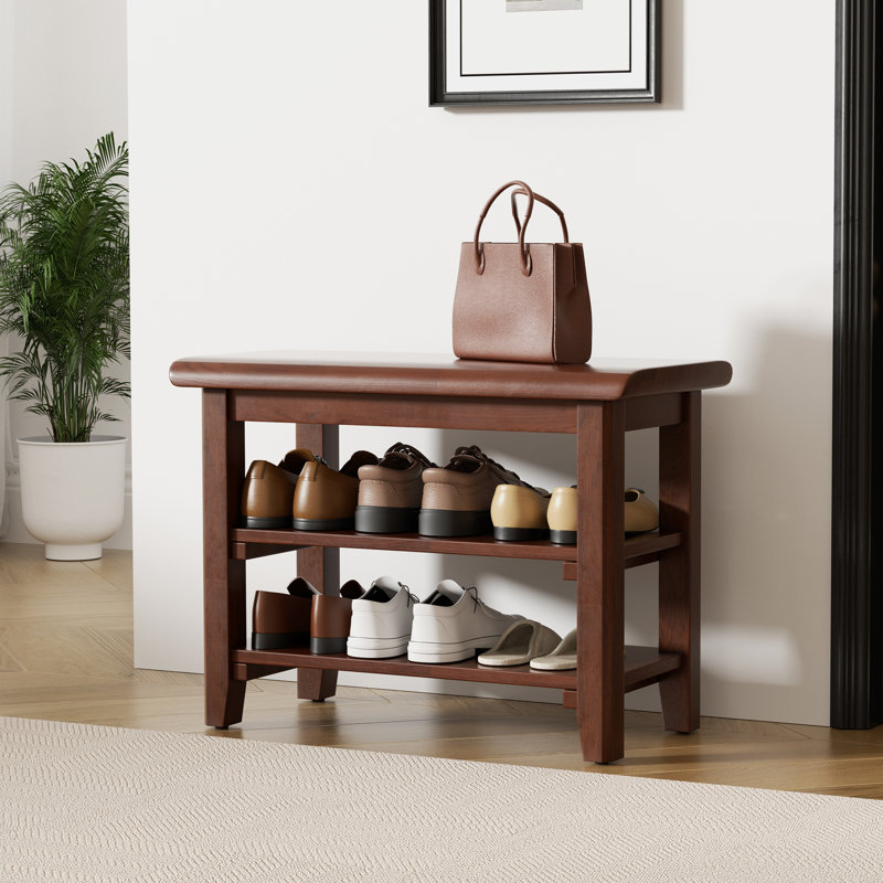 Walnut Finish Solid Wood Shoe Storage Bench, 16.5" H x 47.2" W x 11.8" D, Brown