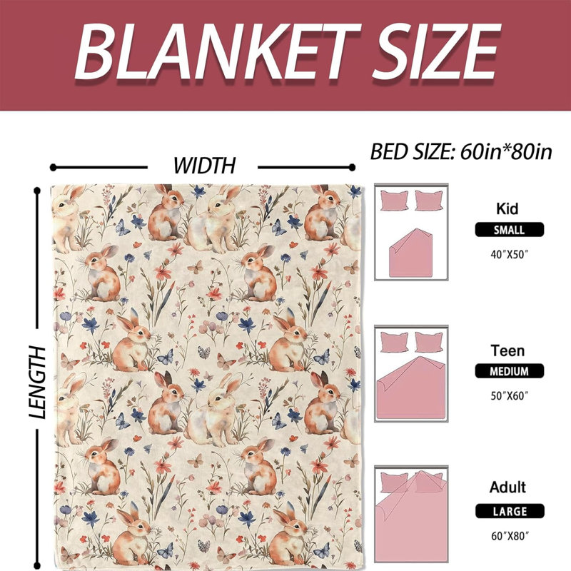 Couverture florale en flanelle 30 x 40 po avec des lapins, des papillons et des fleurs sauvages, 40" L x 30" W