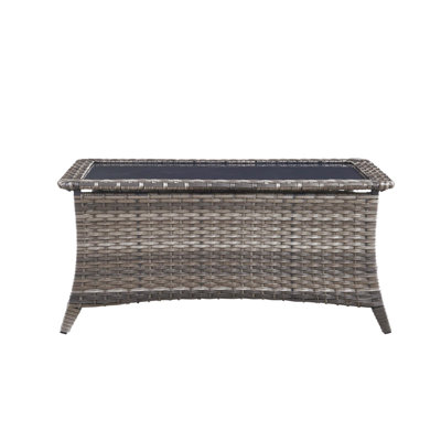 Table basse d'extérieur avec plateau en verre trempé, table de patio en osier, idéale pour le jardin, la terrasse et la cour