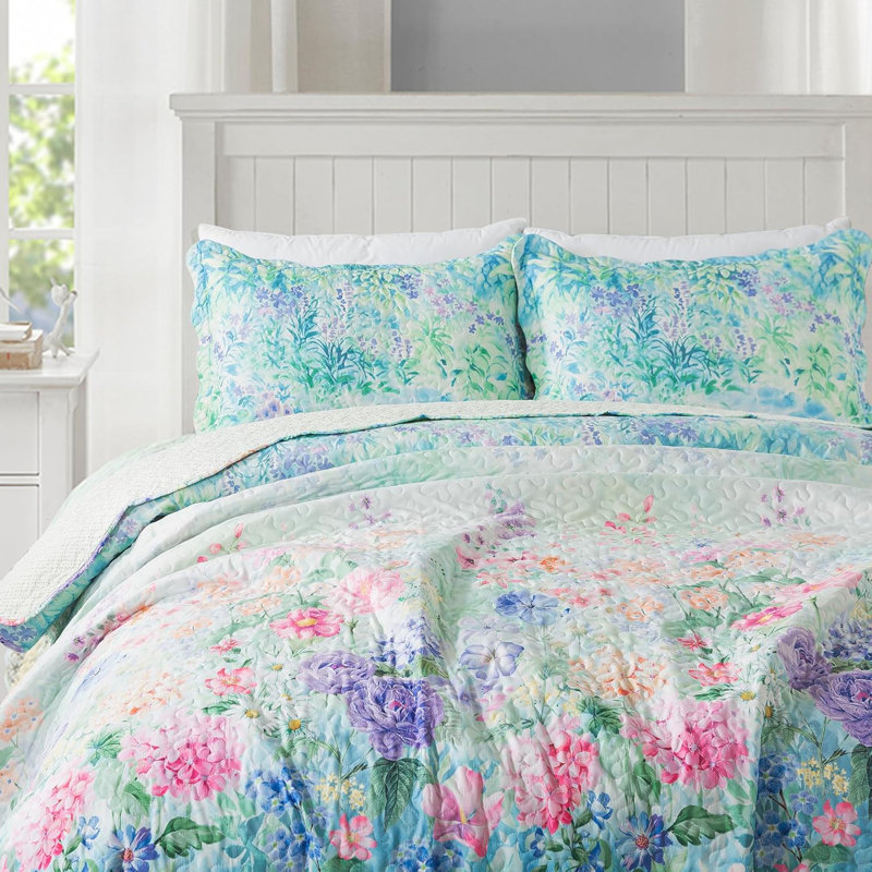 3pcs Hand-Quilted Purple Dream Garden Bedspread Set - Pure Cotton Filling & Microfiber Cover, 1 Bedspread And 2 Pillowcases, All-Season Breathable, Machine Washable, Queen/King Size