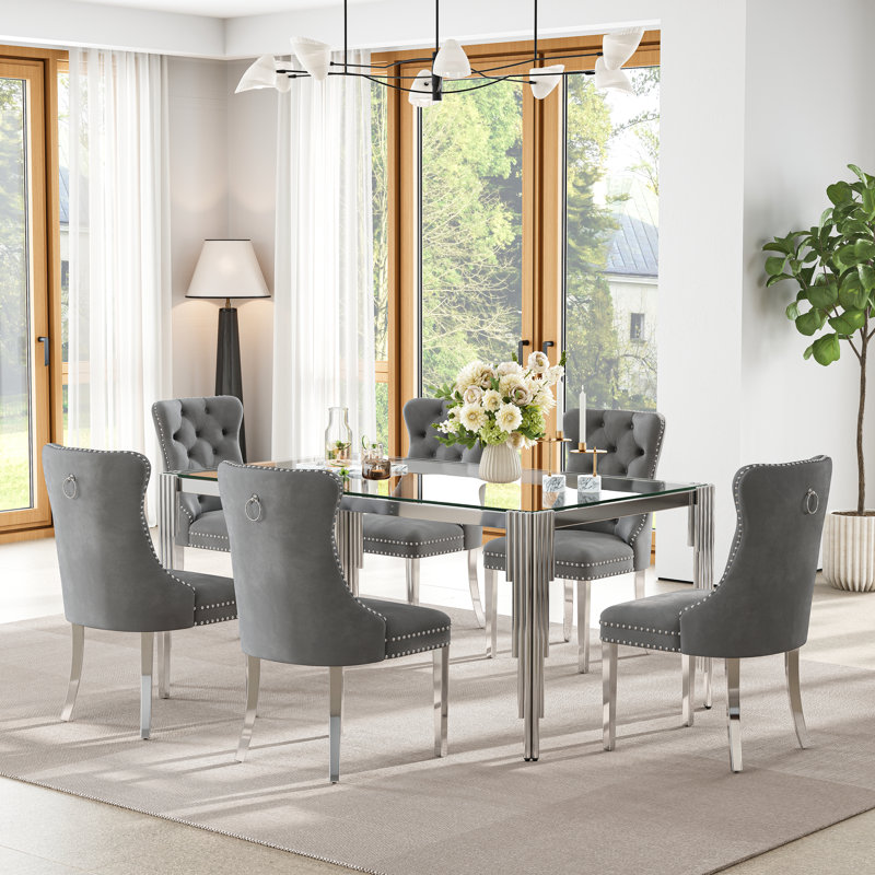 65" Glass Dining Set Of 5, Modern Rectangular Tempered Glass Table With Irregular Round Tube Stainless Steel Legs And 4 Velvet Upholstered Dining Chairs With Nailhead Trim