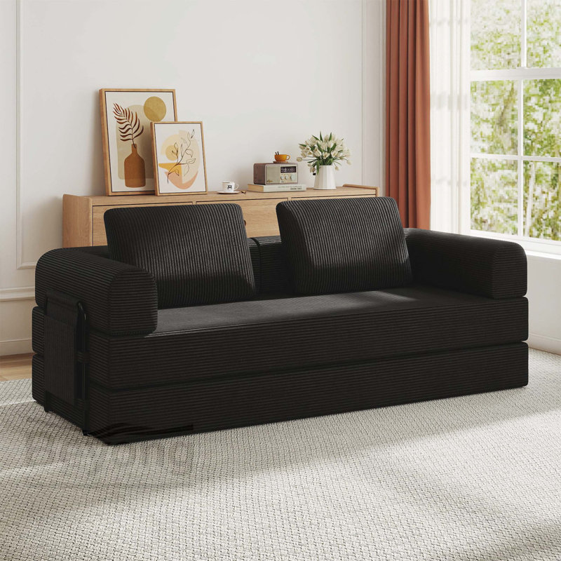 Canapé-lit convertible avec coussin cylindrique - Canapé-lit pliant en velours côtelé avec cadre de forme fixe pour le salon, la chambre à coucher, le salon, le noir studio