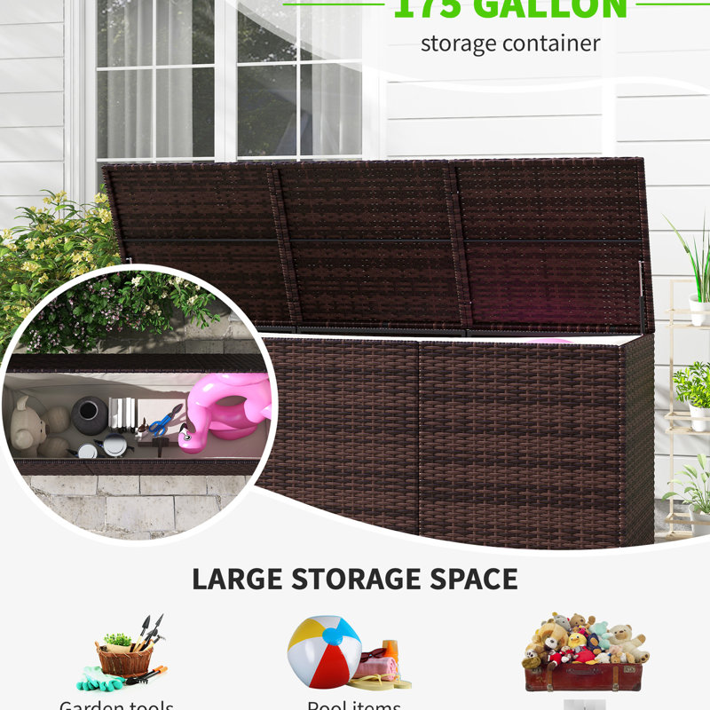 Boîte de rangement pour l'extérieur Pe - 175 gallons avec doublure intérieure pour outils de jardin - brun mélangé