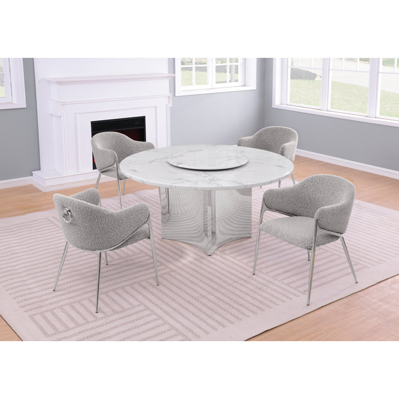 Ensemble de salle à manger en marbre blanc avec chaises Lazy Susan et Boucle, Gris riche, Argent argent