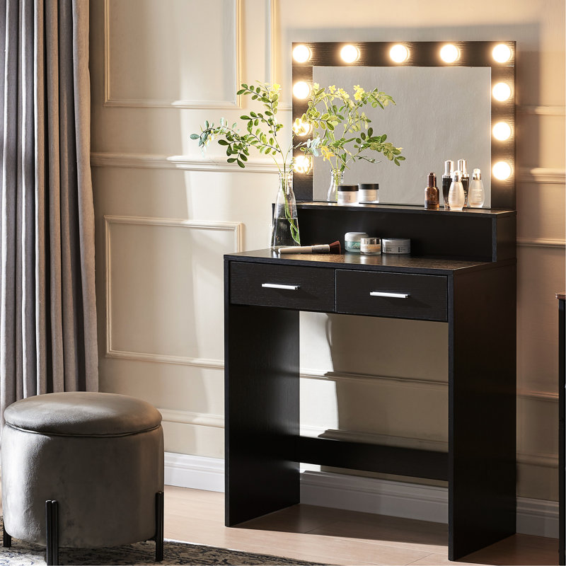 Coiffeuse noire avec miroir et 3 modes d'éclairage, grand tiroir, rangement à 2 niveaux, style idéal pour les cosmétiques de chambre à coucher