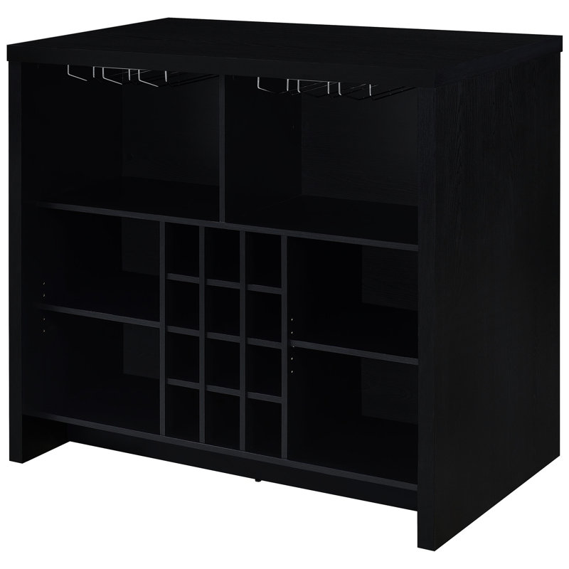 Bar autoportant noir avec grille pour bouteilles de vin et verres à pied en métal, bois d'ingénierie pour une utilisation quotidienne dans le bar de la salle à manger, rangement, design contemporain,