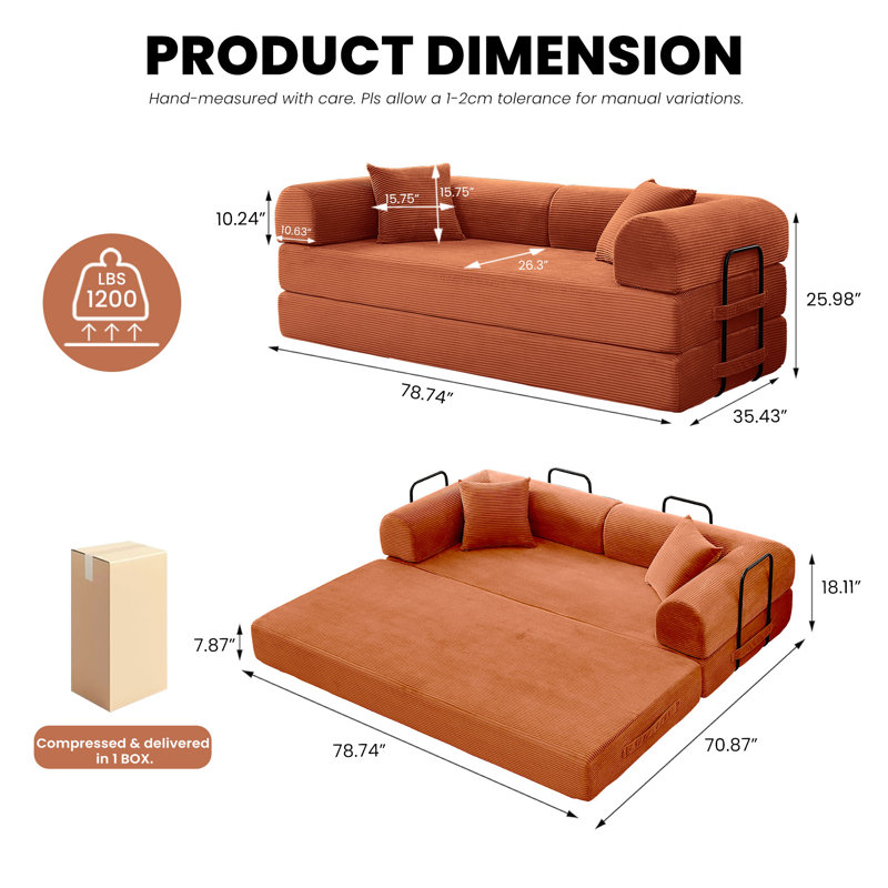 Corduroy Convertible Sofa Bed with Pillows - Folding Floor Futon Sleeper, Boneless Compact Lounge Loveseat for Small Living Room & Bedroom, Orange
