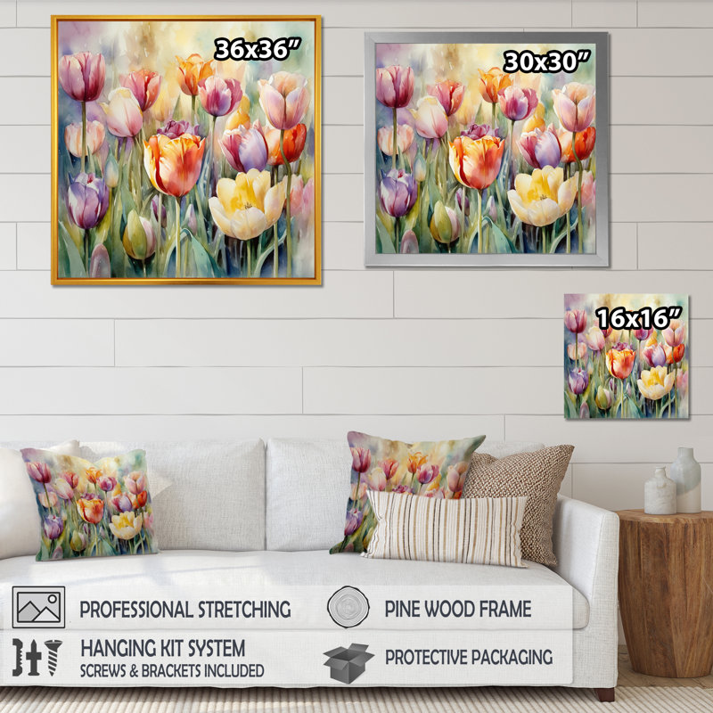 Jardin des tulipes - art mural tulipe, H 16 po x l 16 po x P 1 po, Cadre flottant brun