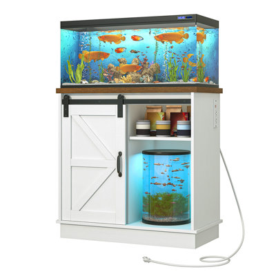 Support d'aquarium de ferme avec porte de grange coulissante, armoire à poissons avec tablettes réglables et prises de courant intégrées