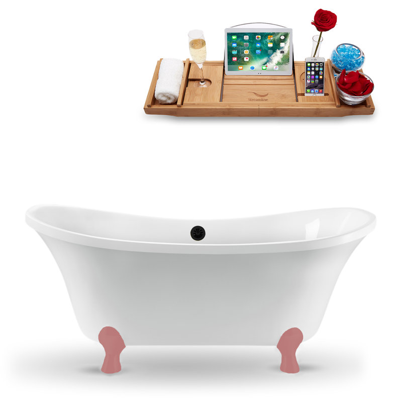 60" Streamline Clawfoot Soaking Acrylic Bathtub, Matte Black, Matte Pink