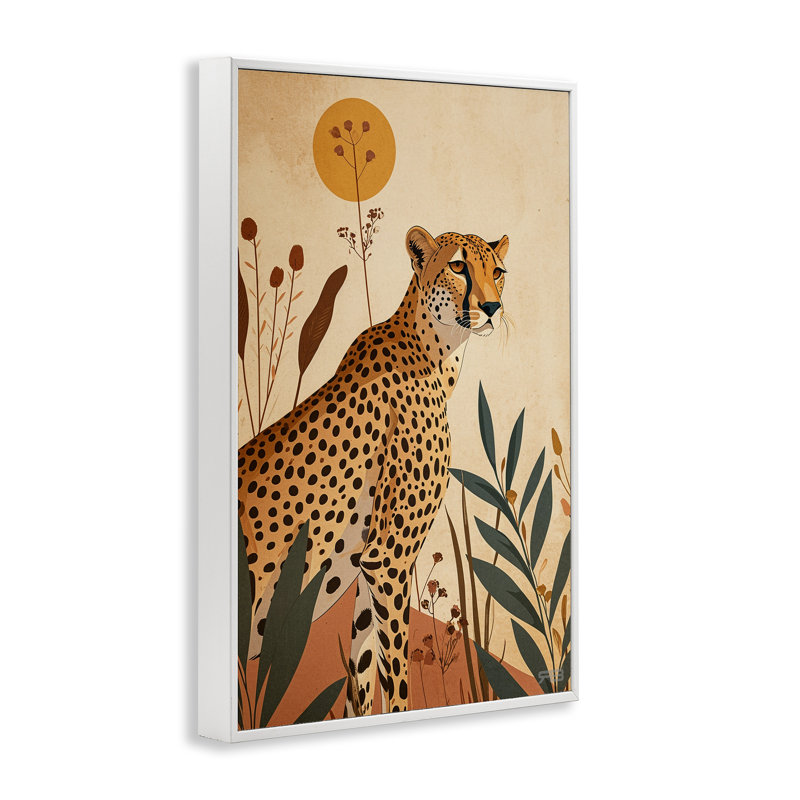 Guépard et plantes boho, estampe numérique par Roozbeh Bahramali, H 18 po x l 12 po, Giclée encadrée blanc bord de mer