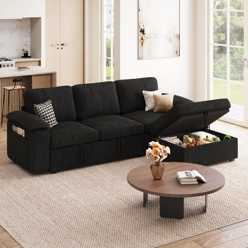 Canapé modulaire en forme de L avec lit escamotable, canapé-lit modulaire avec rangement, noir, Black Corduroy
