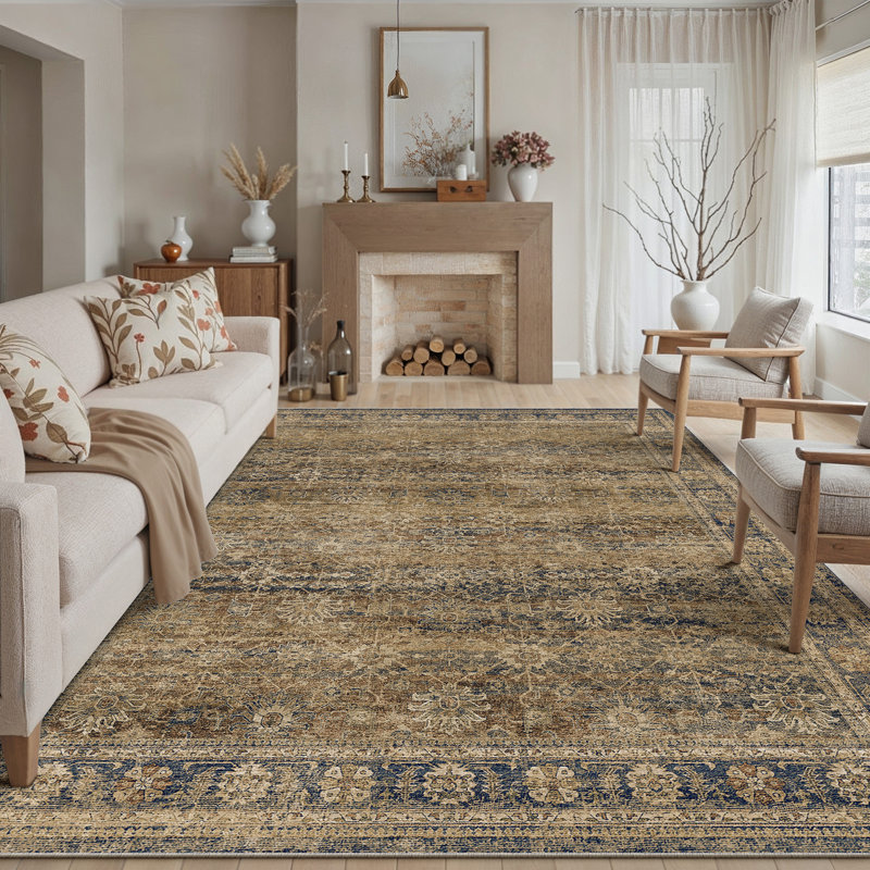 Havenly Vintage Machine Washable Area Rug For Living Room, Brown, Rectangle 5' x 7'