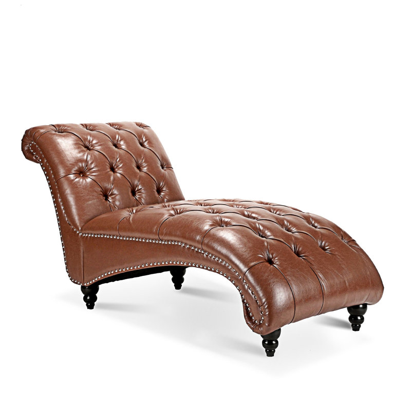 Tufted Armless Chaise Lounge, Brown Pu Faux Leather