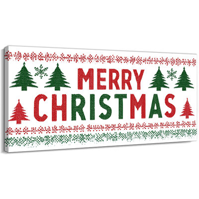 Grand Abhirami - Joyeux Noël, arbre rouge, peinture, tricot, chandail, décorations des Fêtes, affiche, impressions sur toile, prêt à être accroché pour décorations de Noël, 30 x 60 po