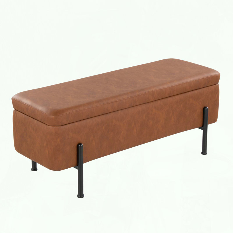 Contemporary Storage Bench with Black Steel and Camel Faux Leather