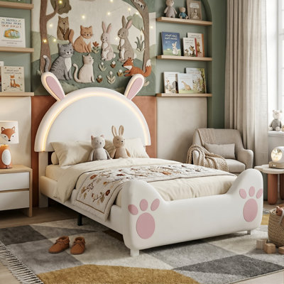 European Single & Double Velvet Bed with LED Nightlight, Upholstered Frame with Rabbit Design & Under-Bed Clearance, Pink / Beige