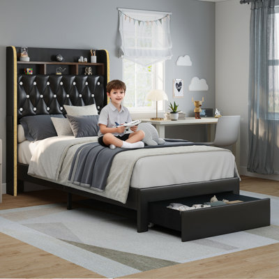 Aurora Bed Frame with Drawers and Storage Headboard, Galaxy Star Projector Upholstered Bedfram