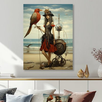 «Steampunk Lady with Bird At The Beach», art mural mode femme