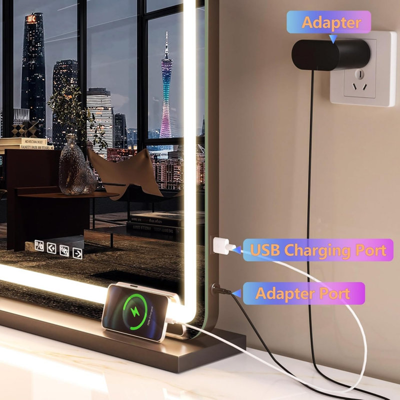 Miroir de coiffeuse lumineux 32 "X 21,7" avec haut-parleur Bluetooth, 3 modes de couleurs, contrôle tactile à intensité variable, port de charge USB, fixation murale ou de table, noir rond