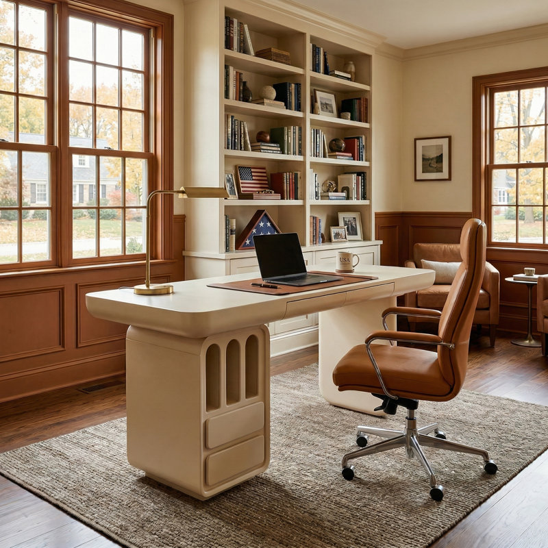 63" Modern Sculptural Executive Desk in Cream, Minimalist Writing Desk with 4 Solid Wood Drawers and Integrated