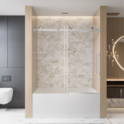 Frameless Single Sliding Shower Door  56-60 "W X 60" H, 1/4 "(6 Mm) Clear Tempered Glass, Explosion Proof Film, Stainless Steel Handle  Square Tube Track ,Brushed Nickel