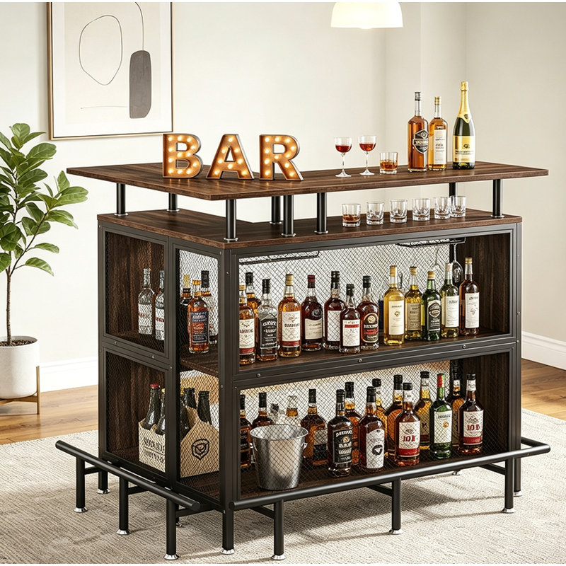 Bar en coin en L en métal et panneau de fibres à densité moyenne E1, support à verres à vin intégré et repose-pieds, armoire à liqueurs à rangement multiple