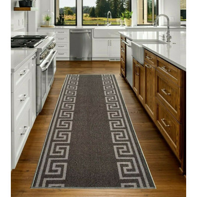 Tapis de couloir de taille personnalisée 26 pouces de large Choisissez votre longueur Conception grecque de méandre gris foncé