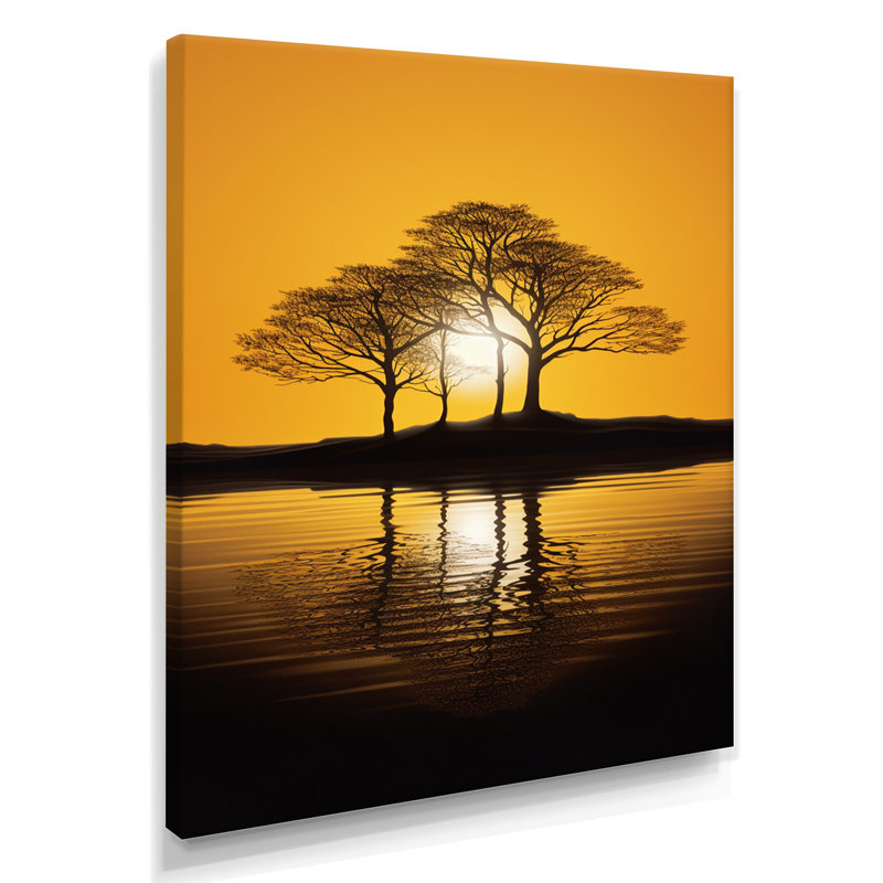 Coucher de soleil jaune à travers des silhouettes d'arbre noir - Art mural chêne, Toile tendue, H 20 po x l 12 po x P 1 po
